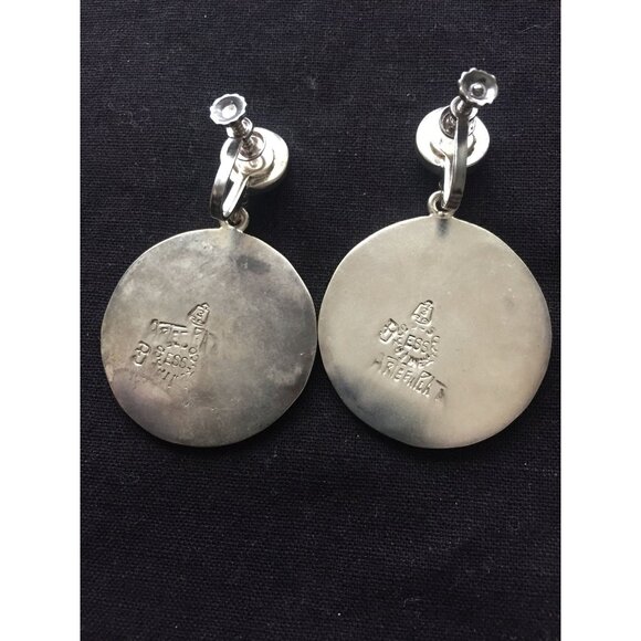 Vtg 1970's Turquoise & Coral Inlaid Earrings Double Circle Screw Back Sterling - Picture 5 of 6